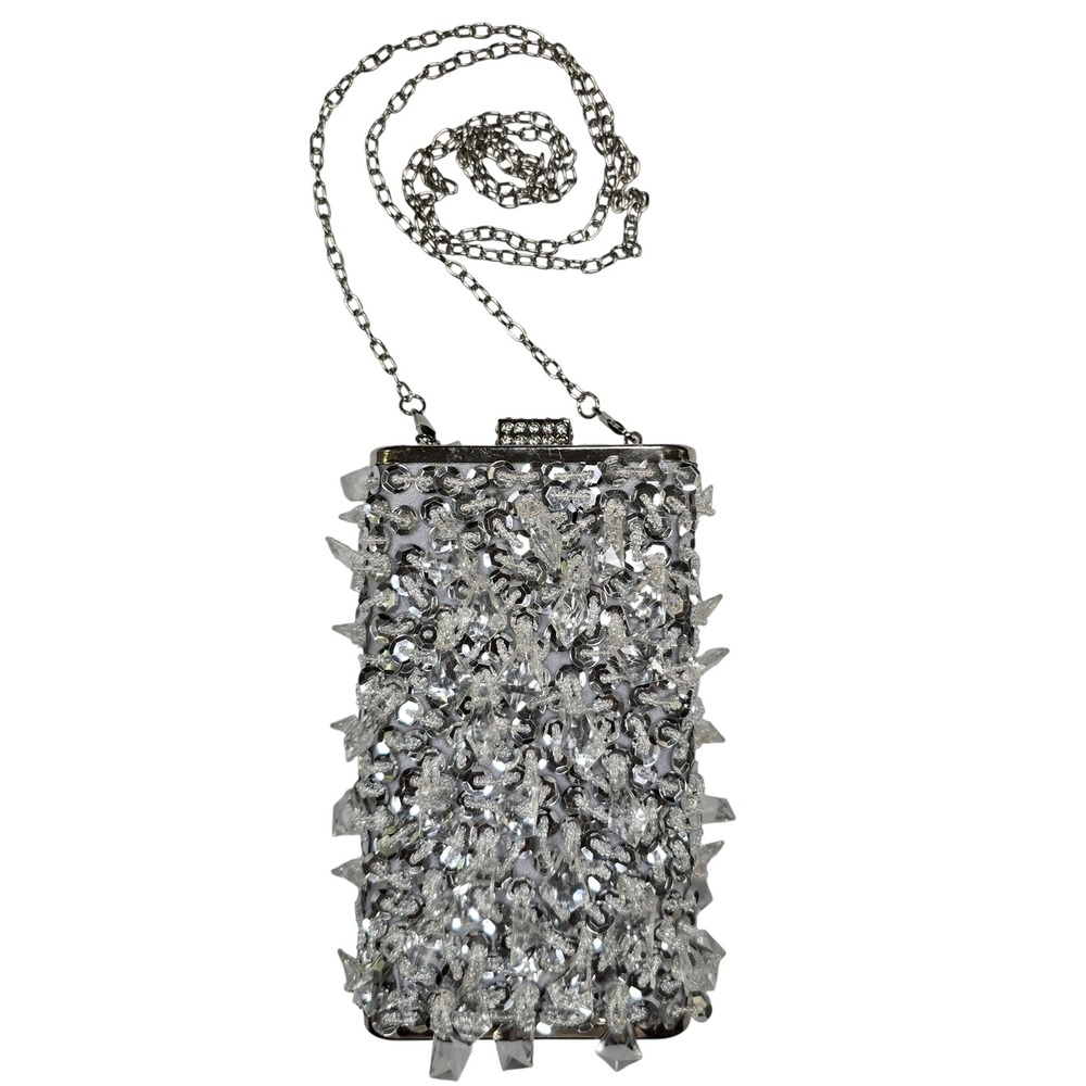 Silver Sequin Crystal Embellished Box Clutch Crossbody Bag Chain Strap Handbag